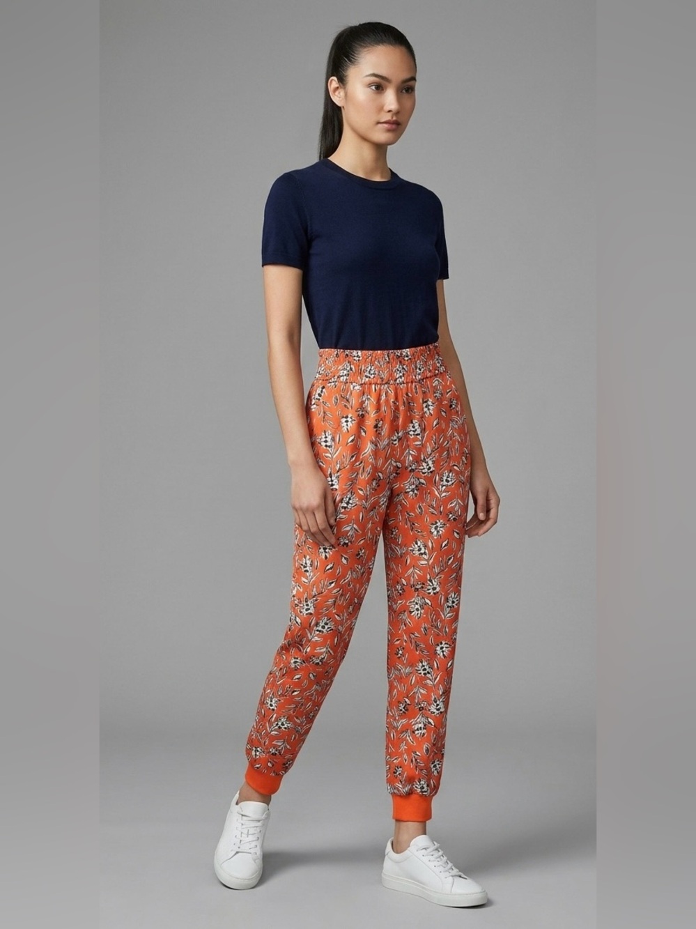 Alice + Olivia Orange Floral Print Jogger Pants Elastic Waist Cuffs Women's XS